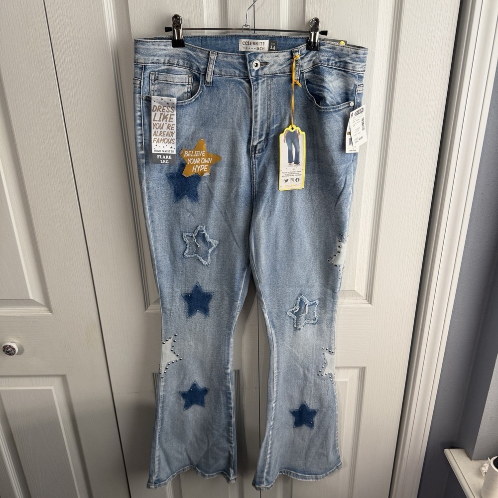 Celebrity Ace Blue Denim High Rise Flare Star Jeans Size 14 NEW Boho Western